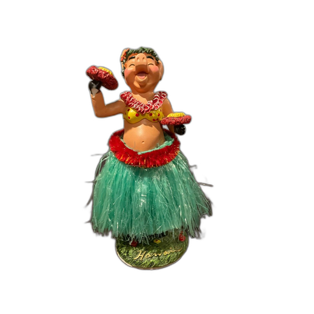 Vintage KC Hawaii Hula Pig Bobblehead Dashboard Doll Grass Skirt 6”